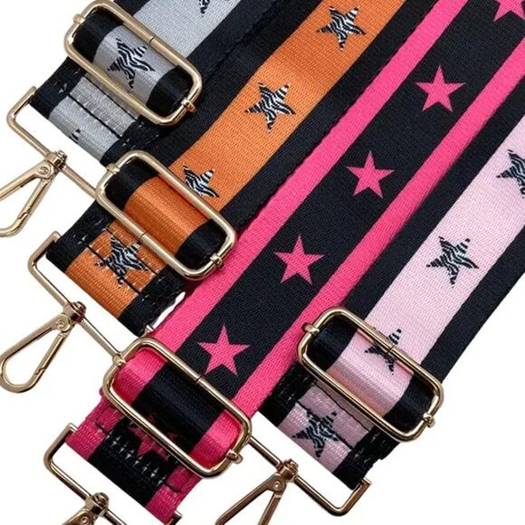 Black Grey Stars and Stripes Adjustable Crossbody Bag Purse Guitar Strap Gold - Picture 3 of 3